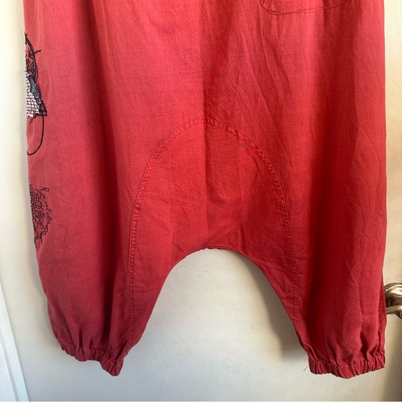 RARE Desigual Vibrant Coral Red Embroidered Appliquéd Cotton Boho Harem Pants - Picture 7 of 13